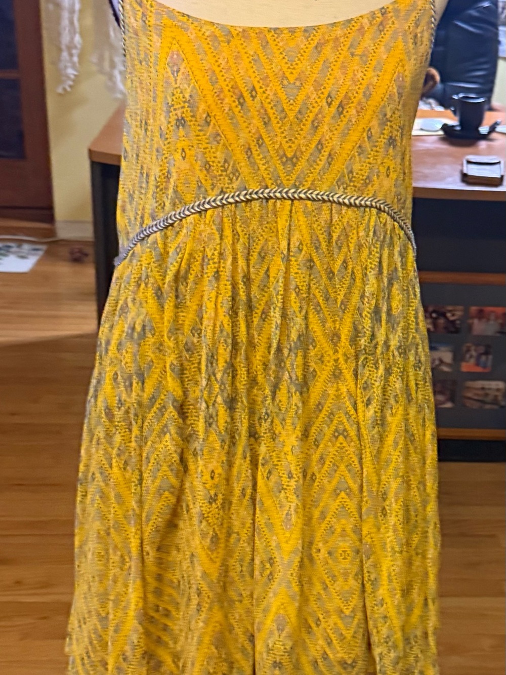 Yellow Patterned Sleeveless Summer Dress with Rope Trim